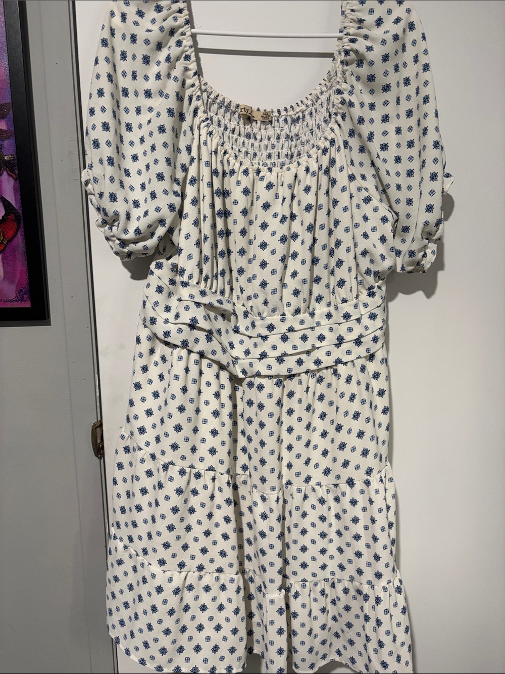 Smocked Square-Neck Midi Dress in White and Blue